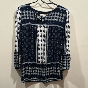Blue and white multi print top
